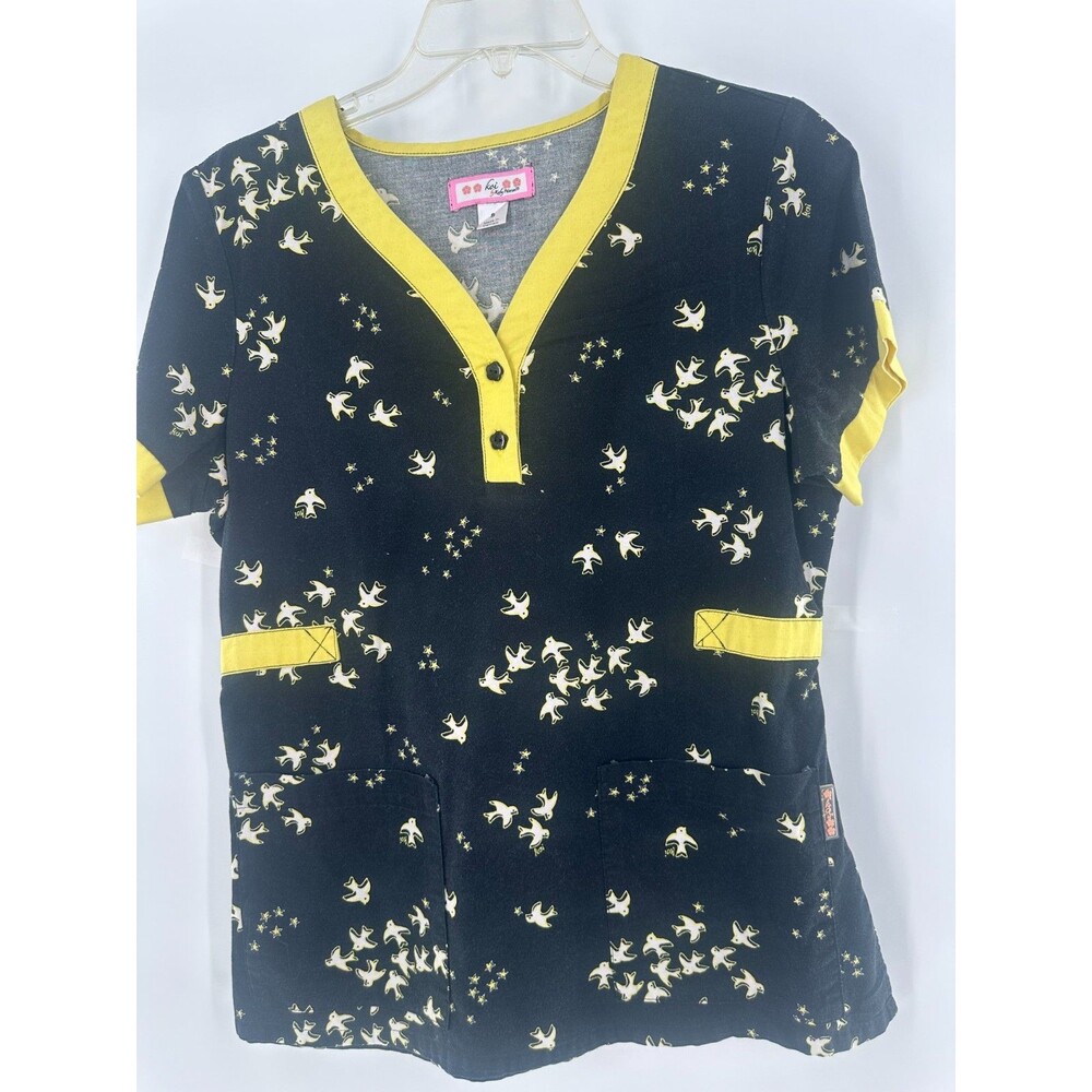 Koi Happiness Kathy Peterson Ashley Henley Scrub Navy Yellow Starling Bird SizeS